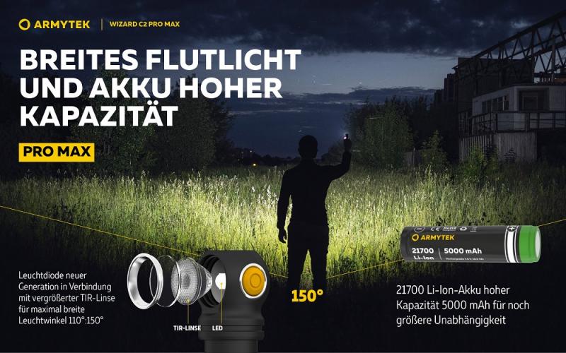 Armytek Wizard C2 Pro Max Magnet USB Taschen- und Stirnlampe mit Magnethalterung akkubetrieben warmes Licht