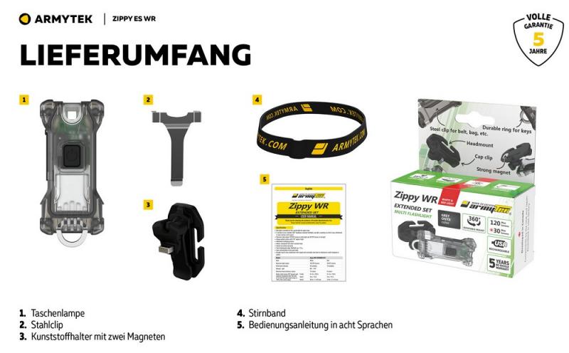 Armytek Zippy Extended Set WR (Blue Sapphire) 3 in 1, Multitaschenlampe, Schlüsselbundlampe, Stirnlampe, mit Clip