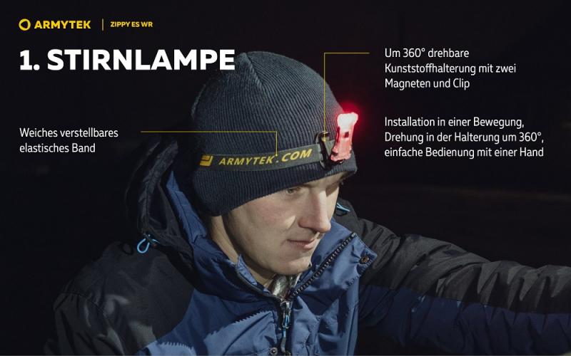 Armytek Zippy Extended Set WR (Yellow Amber) 3 in 1, Multitaschenlampe, Schlüsselbundlampe, Stirnlampe, mit Clip