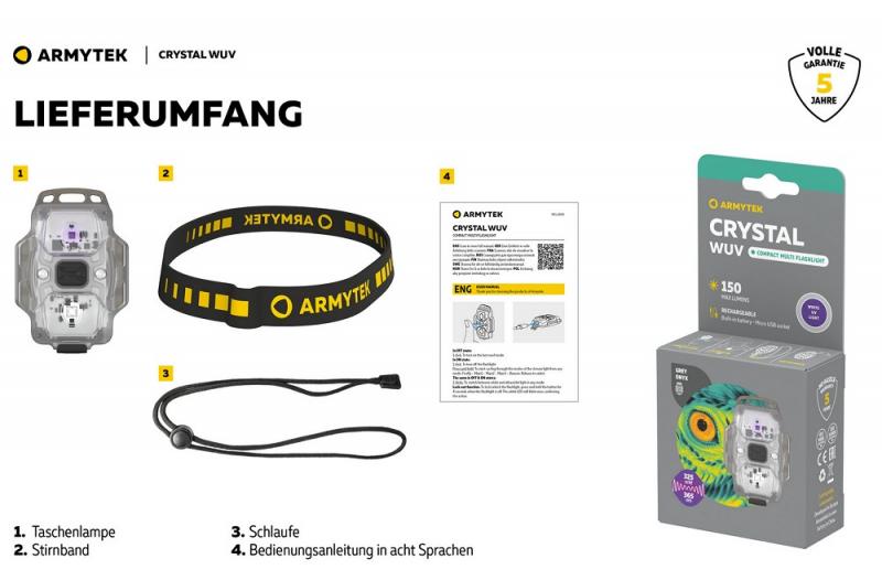 Armytek Crystal Grey WUV Multifunktionslampe Taschen- und Stirnlampe 6 in 1 mit weißem und rotem Licht Micro USB Aufladbarer