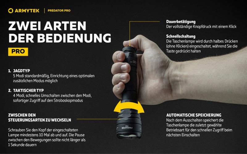 Armytek Predator Pro Pro White LED Taschenlampe akkubetrieben Magnet USB, Warmes Licht