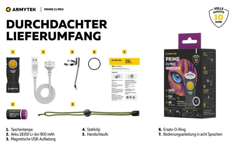 Armytek Prime C1 Pro Magnet USB Taschenlampe mit Magnethalterung akkubetrieben neutralweißes Licht