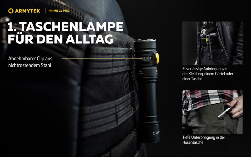 Armytek Prime C2 Pro Magnet USB Taschenlampe mit Magnethalterung akkubetrieben Warmes Licht