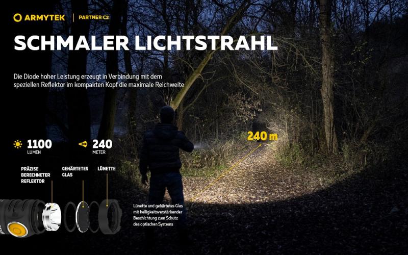 Armytek Partner C2 Magnet USB White Taschenlampe mit Magnethalterung akkubetrieben neutralweißes Licht