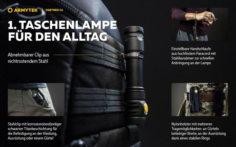 Armytek Partner C2 Magnet USB White Taschenlampe mit Magnethalterung akkubetrieben neutralweißes Licht