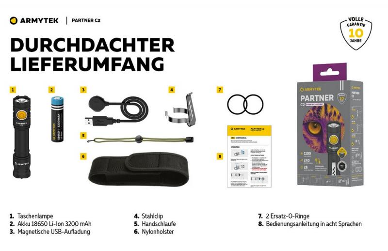 Armytek Partner C2 Magnet USB White Taschenlampe mit Magnethalterung akkubetrieben neutralweißes Licht