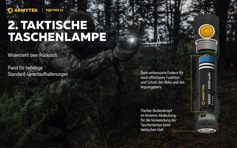 Armytek Partner C2 Magnet USB White Taschenlampe mit Magnethalterung akkubetrieben warmes Licht
