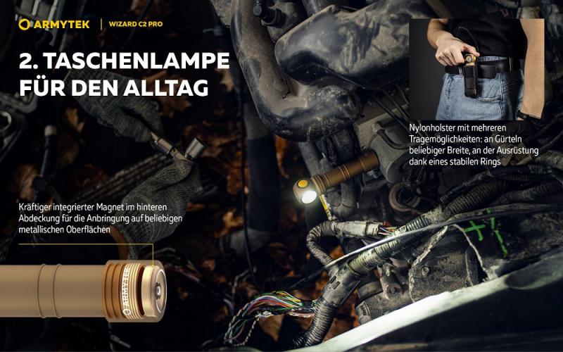 Armytek Wizard C2 Pro Magnet USB Sand Taschen- und Stirnlampe mit Magnethalterung akkubetrieben weißes Licht