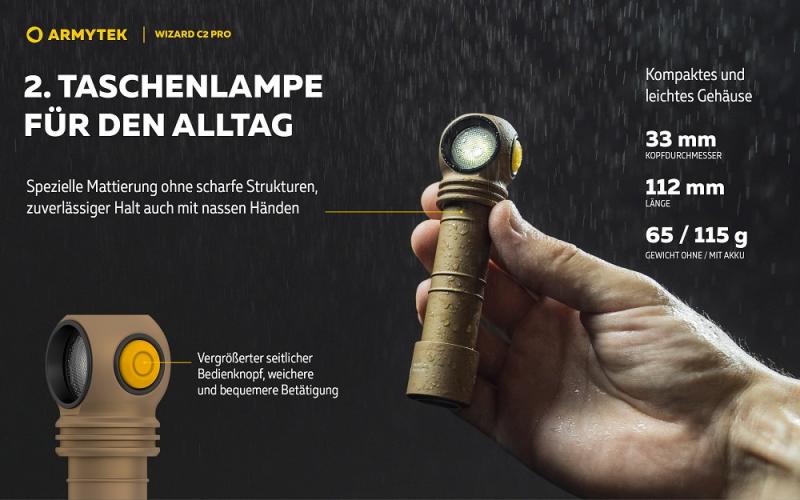 Armytek Wizard C2 Pro Magnet USB Sand Taschen- und Stirnlampe mit Magnethalterung akkubetrieben weißes Licht