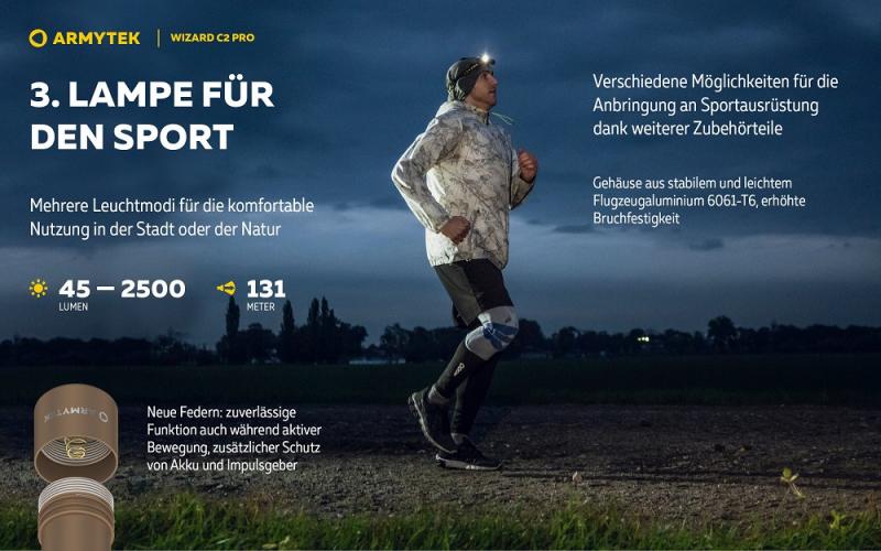 Armytek Wizard C2 Pro Magnet USB Sand Taschen- und Stirnlampe mit Magnethalterung akkubetrieben weißes Licht