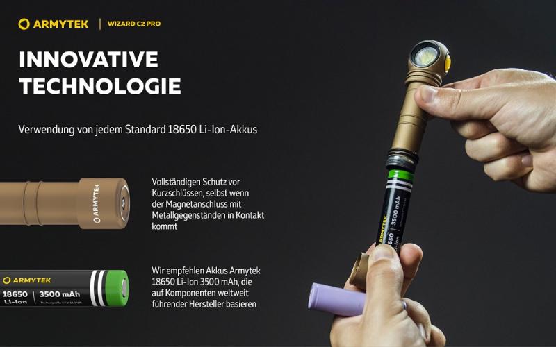 Armytek Wizard C2 Pro Magnet USB Sand Taschen- und Stirnlampe mit Magnethalterung akkubetrieben weißes Licht