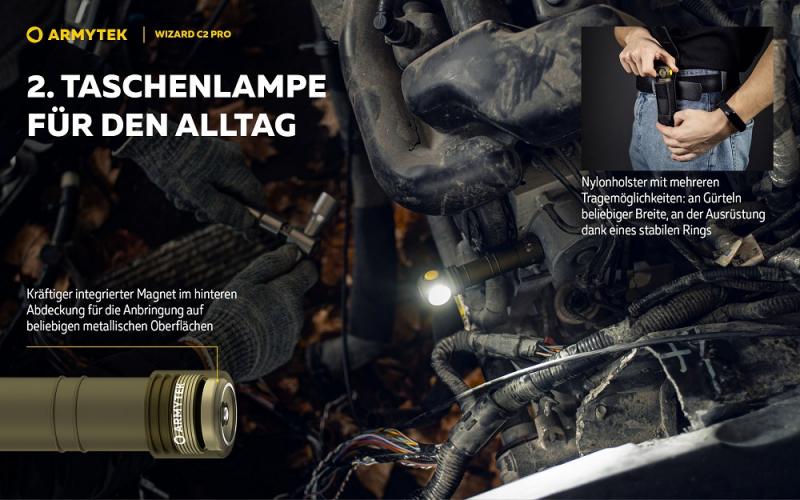 Armytek Wizard C2 Pro Magnet USB Olive Taschen- und Stirnlampe mit Magnethalterung akkubetrieben weißes Licht