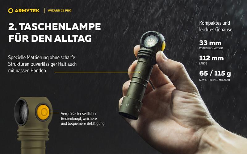 Armytek Wizard C2 Pro Magnet USB Olive Taschen- und Stirnlampe mit Magnethalterung akkubetrieben weißes Licht