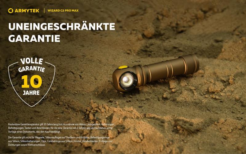 Armytek Wizard C2 Pro Max Magnet USB Sand Taschen- und Stirnlampe mit Magnethalterung / Stirnhalterung akkubetrieben weißes Licht