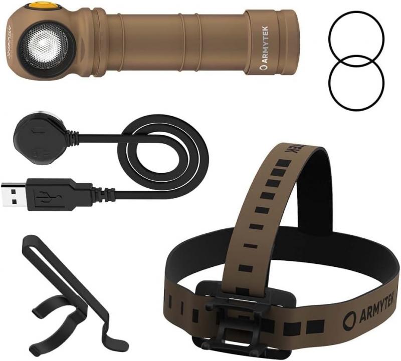 Armytek Wizard C2 Pro Max Magnet USB Sand Taschen- und Stirnlampe mit Magnethalterung / Stirnhalterung akkubetrieben weißes Licht