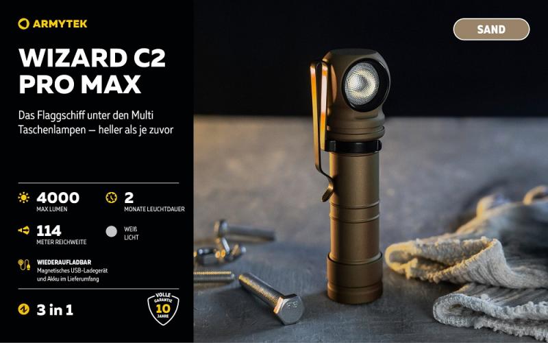 Armytek Wizard C2 Pro Max Magnet USB Sand Taschen- und Stirnlampe mit Magnethalterung / Stirnhalterung akkubetrieben weißes Licht