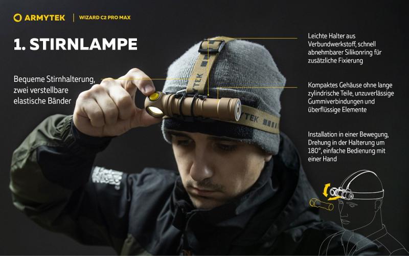 Armytek Wizard C2 Pro Max Magnet USB Sand Taschen- und Stirnlampe mit Magnethalterung / Stirnhalterung akkubetrieben weißes Licht