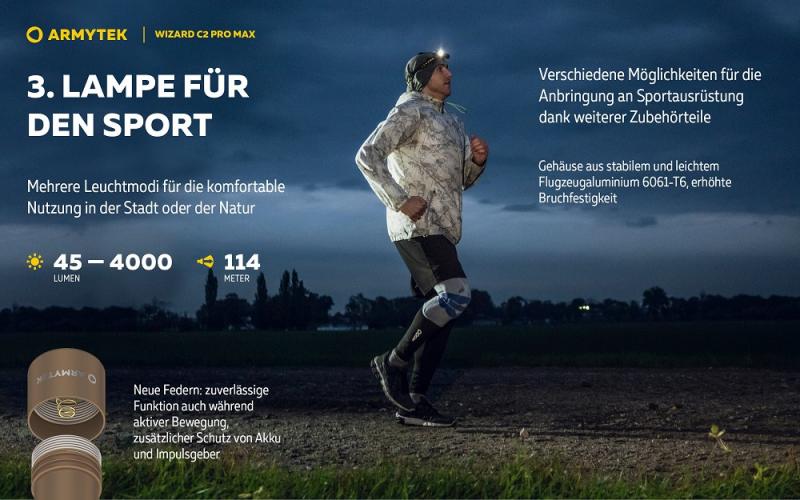 Armytek Wizard C2 Pro Max Magnet USB Sand Taschen- und Stirnlampe mit Magnethalterung / Stirnhalterung akkubetrieben weißes Licht