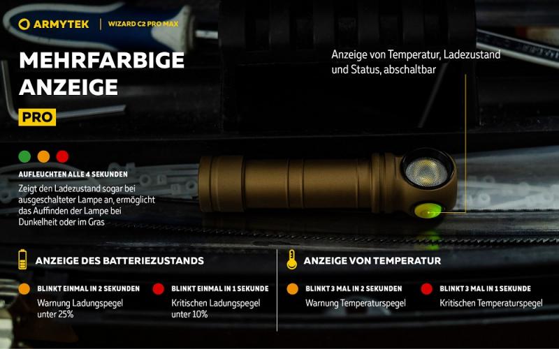 Armytek Wizard C2 Pro Max Magnet USB Sand Taschen- und Stirnlampe mit Magnethalterung / Stirnhalterung akkubetrieben weißes Licht