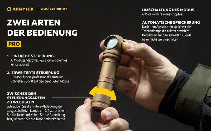 Armytek Wizard C2 Pro Max Magnet USB Sand Taschen- und Stirnlampe mit Magnethalterung / Stirnhalterung akkubetrieben weißes Licht