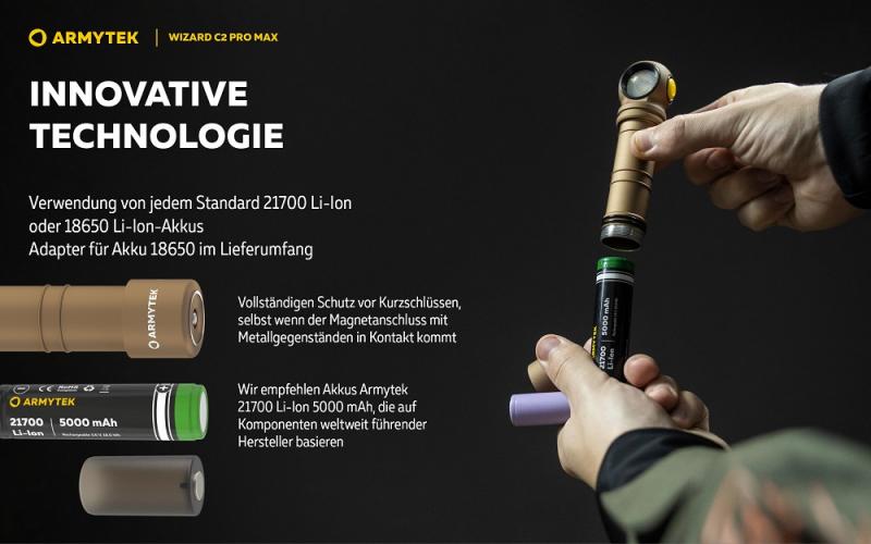 Armytek Wizard C2 Pro Max Magnet USB Sand Taschen- und Stirnlampe mit Magnethalterung / Stirnhalterung akkubetrieben weißes Licht