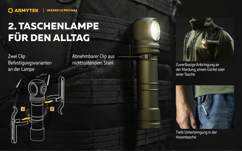 Armytek Wizard C2 Pro Max Magnet USB Olive Taschen- und Stirnlampe mit Magnethalterung / Stirnhalterung akkubetrieben weißes Licht