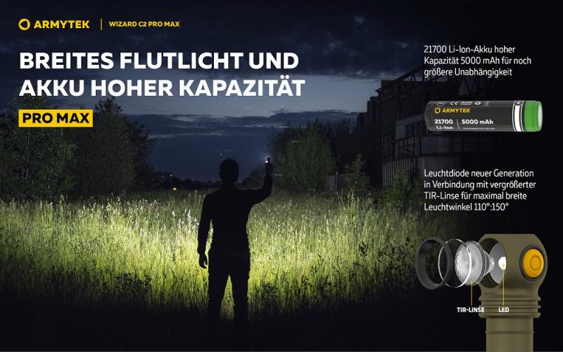 Armytek Wizard C2 Pro Max Magnet USB Olive Taschen- und Stirnlampe mit Magnethalterung / Stirnhalterung akkubetrieben weißes Licht