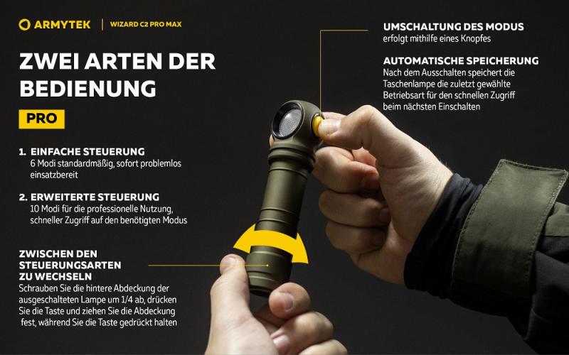Armytek Wizard C2 Pro Max Magnet USB Olive Taschen- und Stirnlampe mit Magnethalterung / Stirnhalterung akkubetrieben weißes Licht