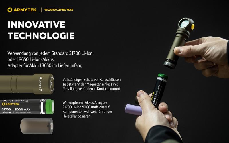 Armytek Wizard C2 Pro Max Magnet USB Olive Taschen- und Stirnlampe mit Magnethalterung / Stirnhalterung akkubetrieben weißes Licht