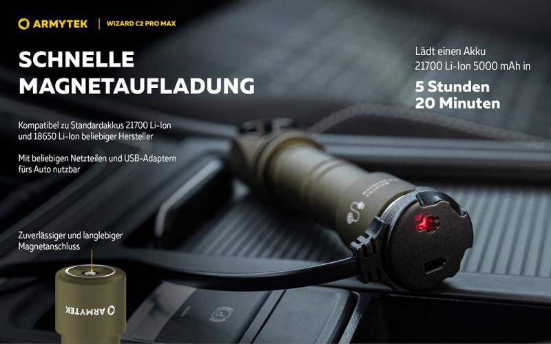 Armytek Wizard C2 Pro Max Magnet USB Olive Taschen- und Stirnlampe mit Magnethalterung / Stirnhalterung akkubetrieben weißes Licht