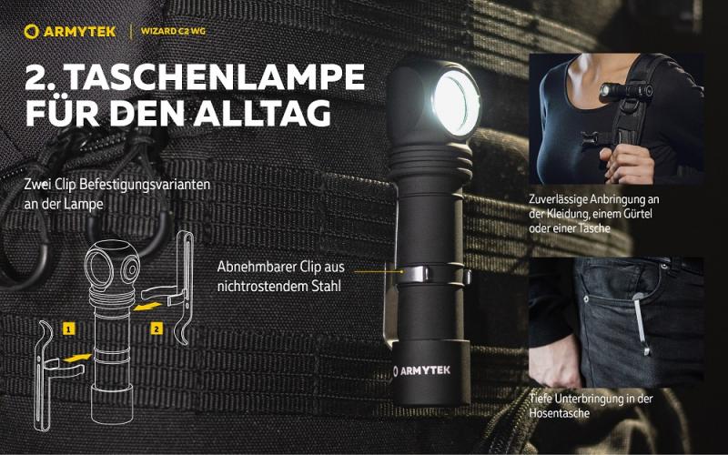 Armytek  Wizard C2 WG Warm LED Stirnlampe und Taschenlampe akkubetrieben Magnet USB Warmweißes Licht