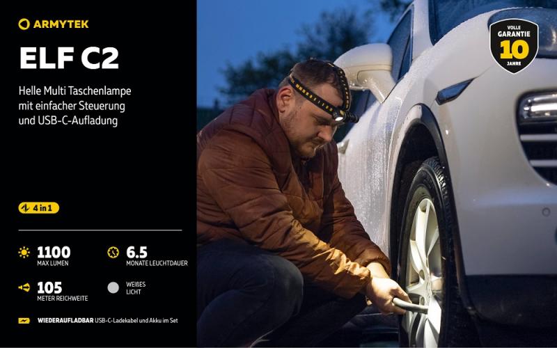 Armytek Elf C2 USB-C Taschen- und Stirnlampe mit Magnethalterung / Stirnhalterung akkubetrieben neutralweißes Licht