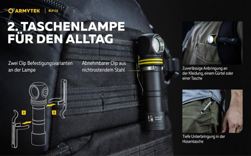 Armytek Elf C2 USB-C Taschen- und Stirnlampe mit Magnethalterung / Stirnhalterung akkubetrieben neutralweißes Licht