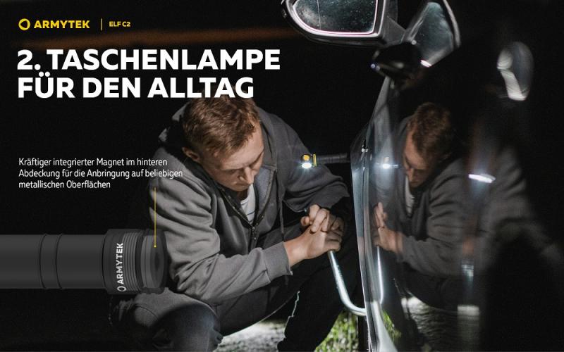 Armytek Elf C2 USB-C Taschen- und Stirnlampe mit Magnethalterung / Stirnhalterung akkubetrieben neutralweißes Licht