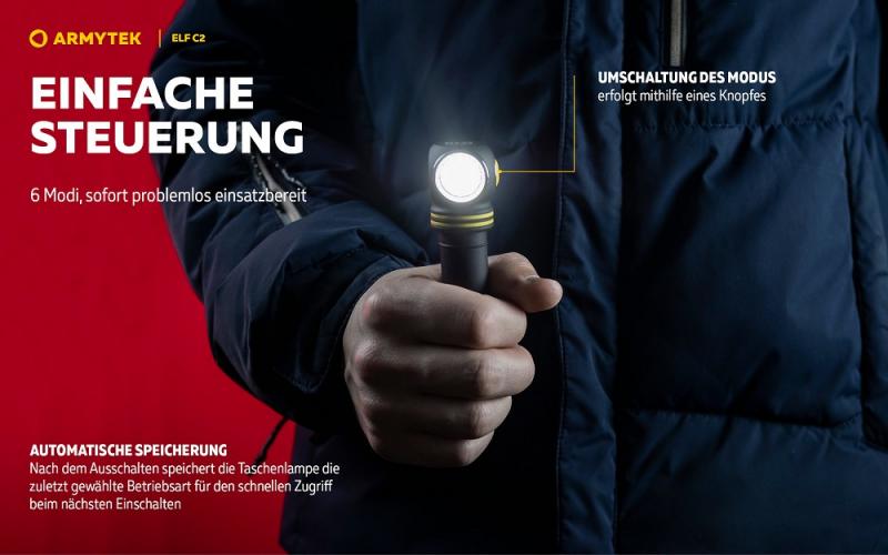 Armytek Elf C2 USB-C Taschen- und Stirnlampe mit Magnethalterung / Stirnhalterung akkubetrieben neutralweißes Licht