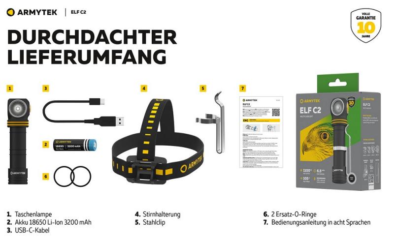 Armytek Elf C2 USB-C Taschen- und Stirnlampe mit Magnethalterung / Stirnhalterung akkubetrieben neutralweißes Licht