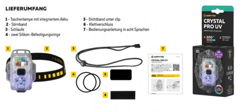 Armytek Crystal Pro UV Multifunktionslampe Taschen- und Stirnlampe Micro USB-Anschluss