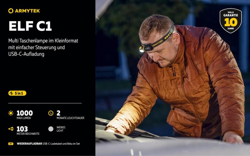 Armytek Elf C1 USB-C Taschen- und Stirnlampe mit Magnethalterung / Stirnhalterung akkubetrieben neutralweißes Licht