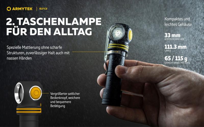 Armytek Elf C2 USB-C Taschen- und Stirnlampe mit Magnethalterung / Stirnhalterung akkubetrieben Warmes Licht