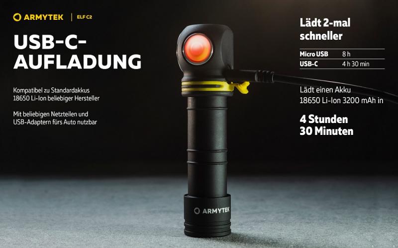 Armytek Elf C2 USB-C Taschen- und Stirnlampe mit Magnethalterung / Stirnhalterung akkubetrieben Warmes Licht