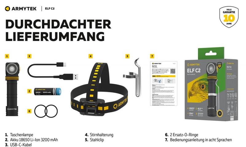 Armytek Elf C2 USB-C Taschen- und Stirnlampe mit Magnethalterung / Stirnhalterung akkubetrieben Warmes Licht