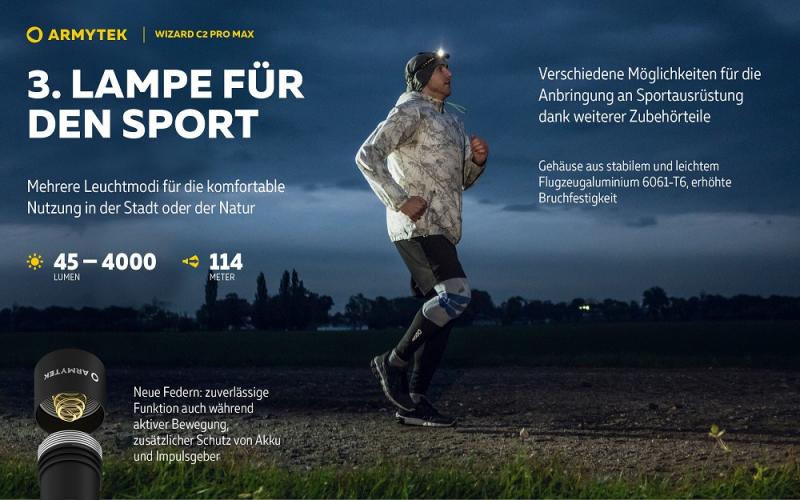 Armytek Wizard C2 Pro Max Stirnlampe und Taschenlampe akkubetrieben neutralweißes licht