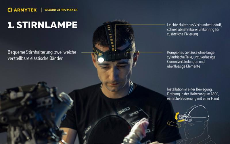 Armytek Wizard C2 Pro Max LR Taschen- und Stirnlampe mit Magnethalterung / Stirnhalterung akkubetrieben
