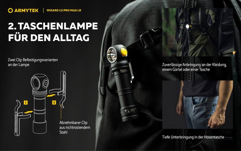 Armytek Wizard C2 Pro Max LR Taschen- und Stirnlampe mit Magnethalterung / Stirnhalterung akkubetrieben