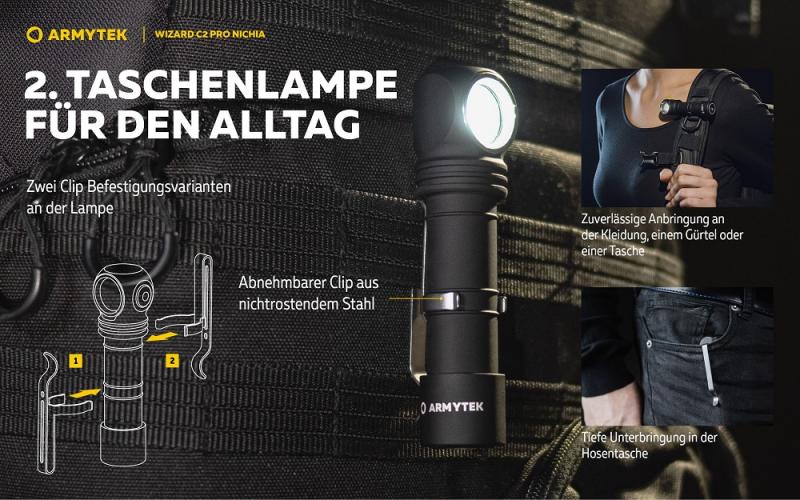 Armytek Wizard C2 Pro Nichia Magnet USB Stirnlampe und Taschenlampe akkubetrieben warmes licht
