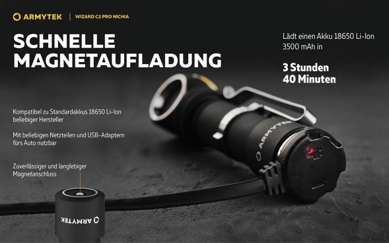 Armytek Wizard C2 Pro Nichia Magnet USB Stirnlampe und Taschenlampe akkubetrieben warmes licht