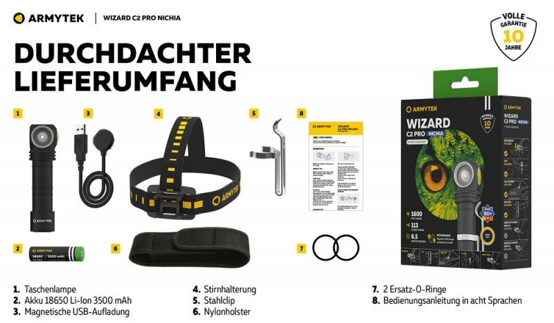 Armytek Wizard C2 Pro Nichia Magnet USB Stirnlampe und Taschenlampe akkubetrieben warmes licht