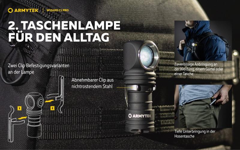 Armytek Wizard C1 Pro Magnet USB Taschenlampe und Stirnlampe 4 in1 mit Magnethalterung akkubetrieben (weißes Licht)
