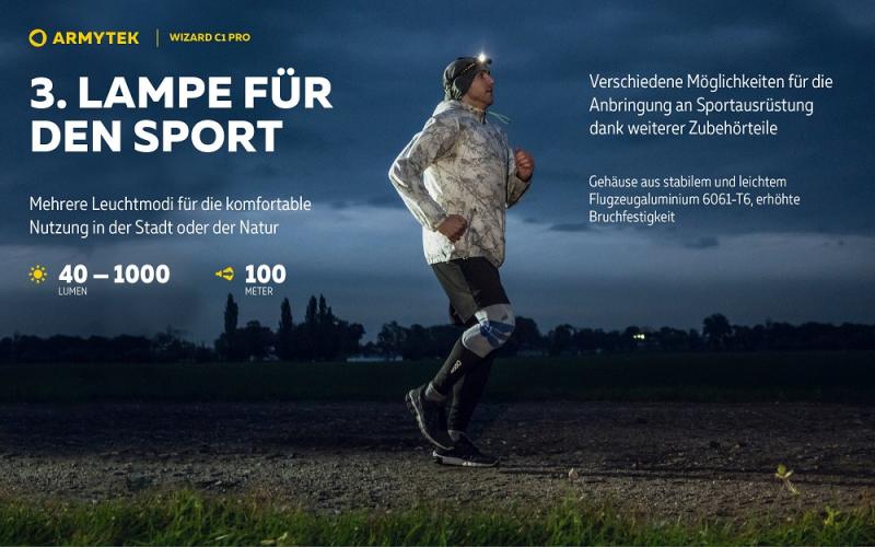 Armytek Wizard C1 Pro Magnet USB Taschenlampe und Stirnlampe 4 in1 mit Magnethalterung akkubetrieben (weißes Licht)