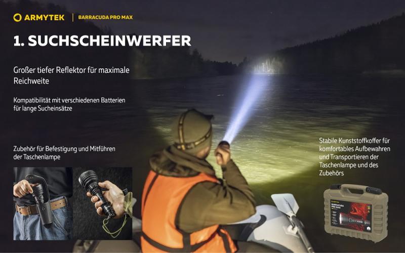 Armytek Barracuda Pro Max Set Profi Taschenlampe und Suchscheinwerfer weißes Licht, magnetische Aufladung Akku